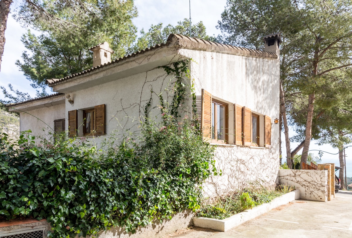 A charming chalet is surrounded by lush greenery and trees, featuring wooden shutters and a textured exterior. The roof is partially covered with tiles, and the entranceway is bordered by a low wall, creating a natural and inviting setting in a tranquil area.
