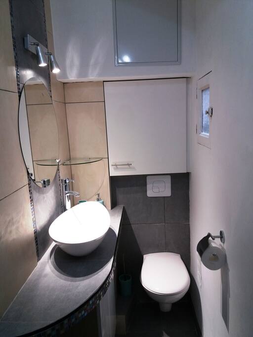 salle d'eau avec toilettes suspendues, douche, lavabo