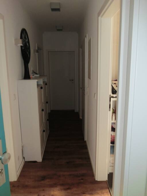 corridor, two bedrooms on the left; office, bathroom, toilet and kitchen on the right; straight ahead to the living room.