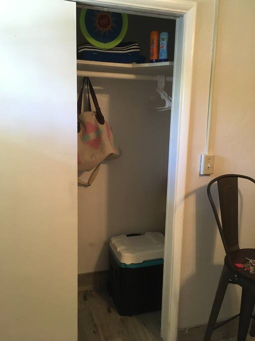 in the closet there plenty space you'll also find beach towels,Frisbee,beach bag,cooler,chairs and sun screen.