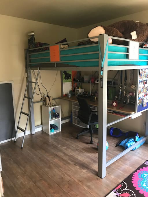 First floor bedroom, the bed can be moved off of the loft if desired. TV available.