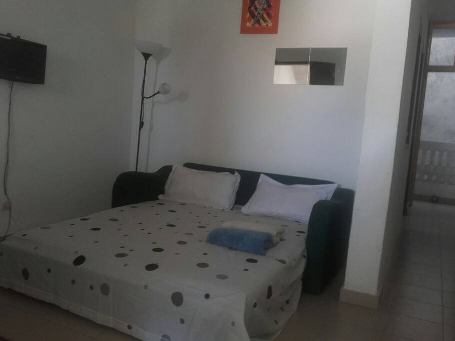 Le canapé convertible (ouvert et équipé de drap, oreillers, ...serviettes de douche) pour coucher séparément la 2 ème personne ou une 3 ème personne.