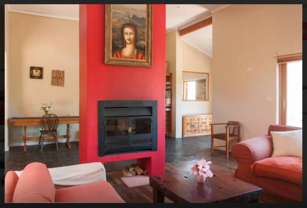 Living room with crackling fireplace for winter
