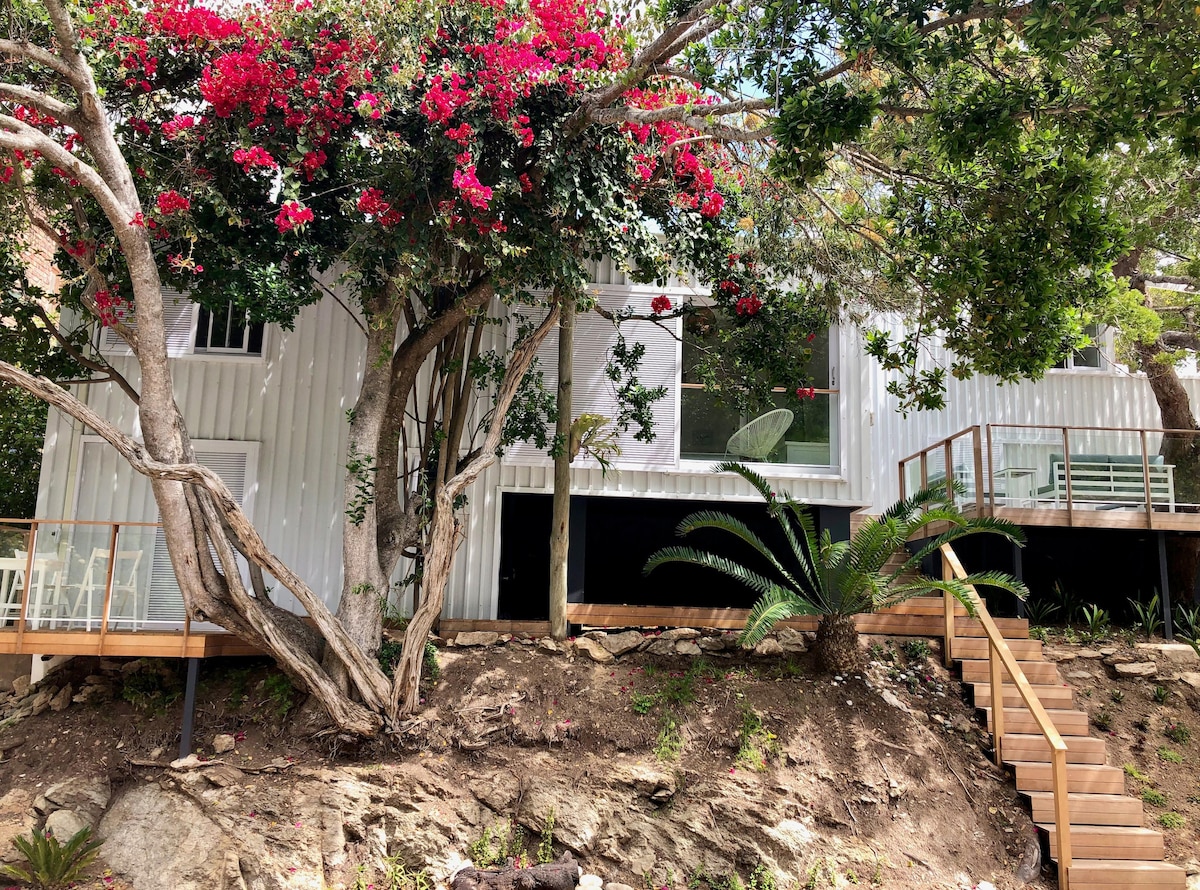 The newly renovated beach house features a tin-clad exterior, framed by vibrant flowering trees. A wooden staircase leads to the entrance, with a small deck visible on the right. Lush greenery adds to the natural setting, enhancing the overall inviting ambiance.