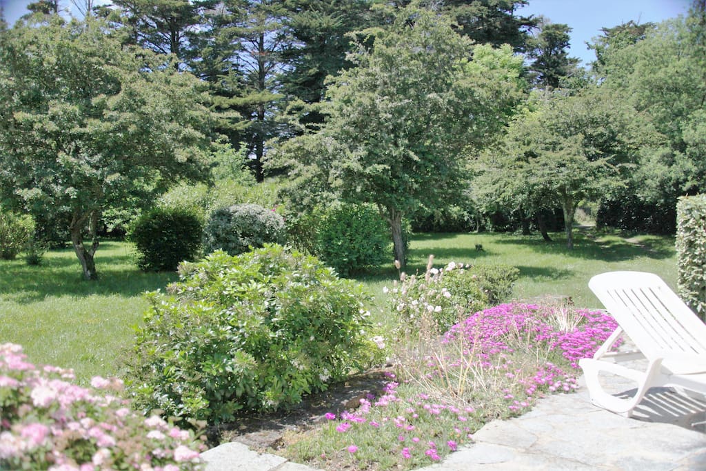 Vue sur le jardin fleuri de cystes, orangers du mexique, rosiers et hortensias