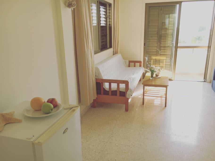 Kitchen and living room with two double sofa bed and a small front balcony with sea view