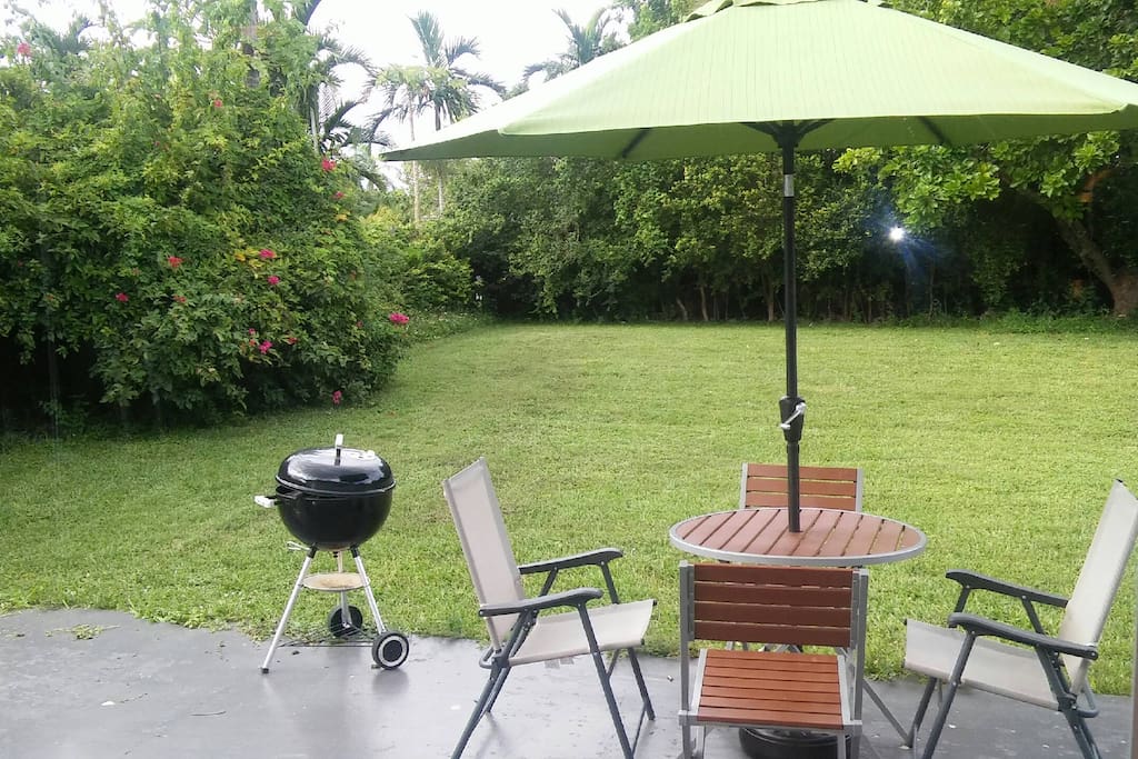 Large outdoor patio gives a shady place to play or relax