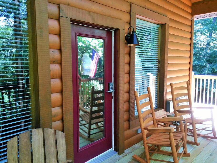 Deck entrance to main level of cabin