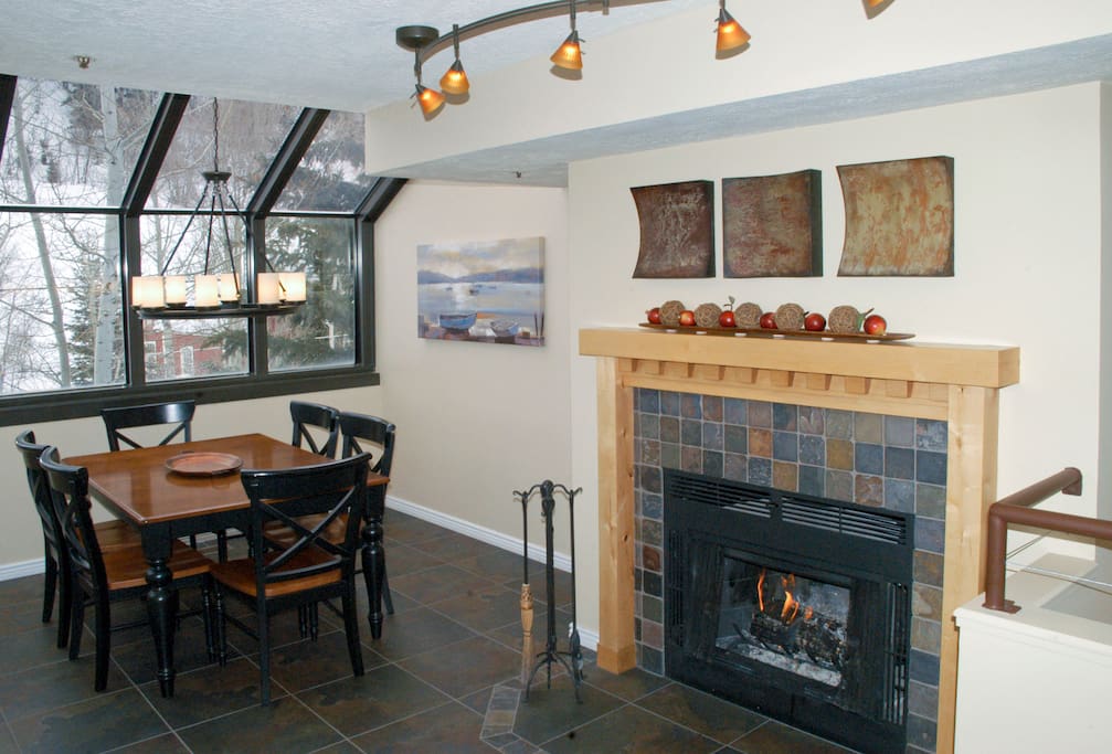 Dining area with wood burning fireplace
