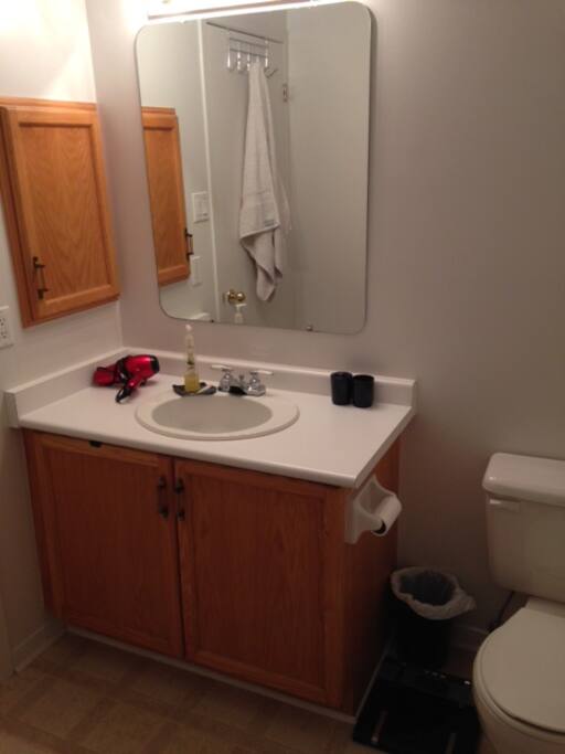 Four piece bathroom with hair dryer.