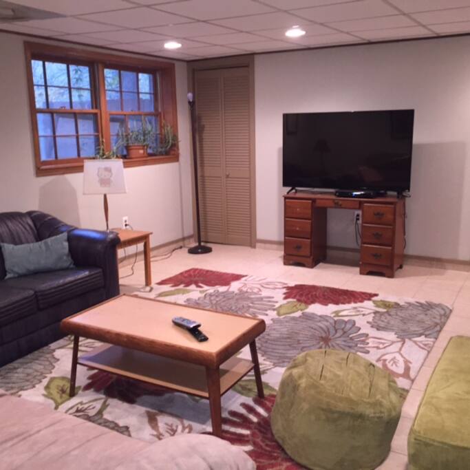 Living room with 48 inch TV.