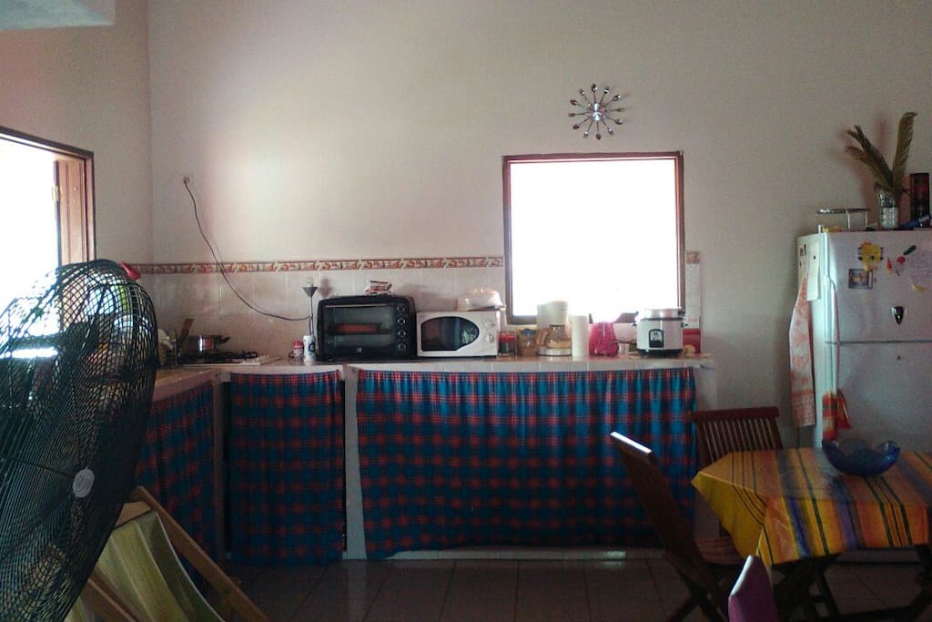 La cuisine (gaziniere + micro ondes, frigo...)