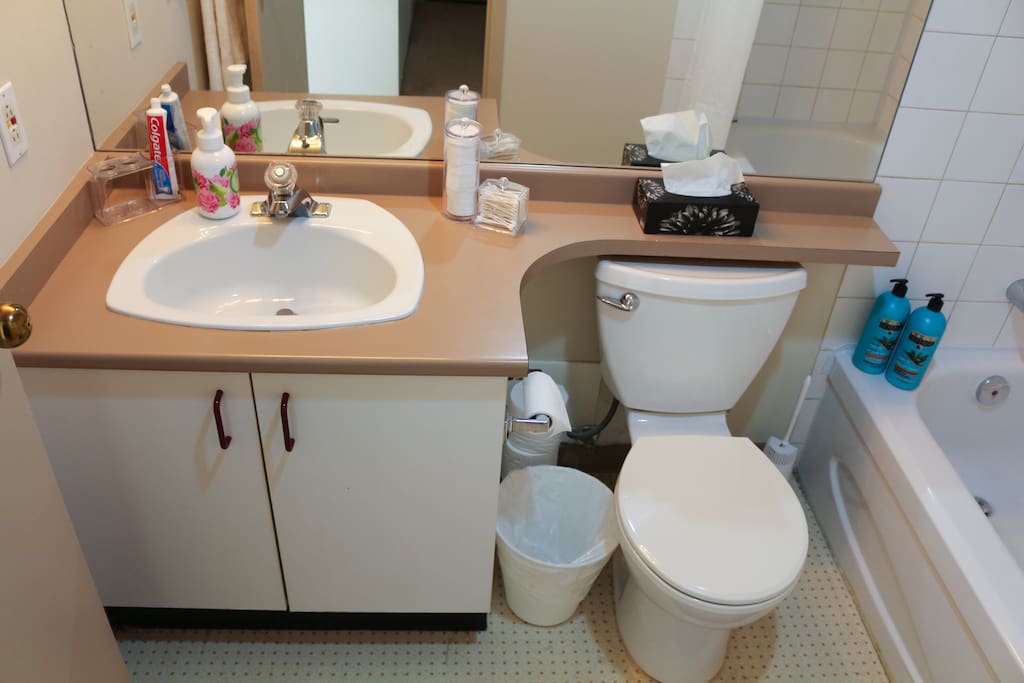 The full bathroom features a bathtub with overhead shower and complimentary toiletries