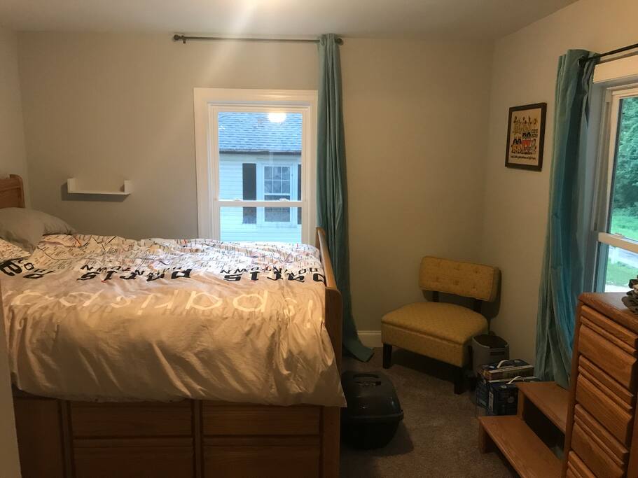 Private bedroom with a comfy queen sized bed. Promise the litter box won't be in your room! :)
