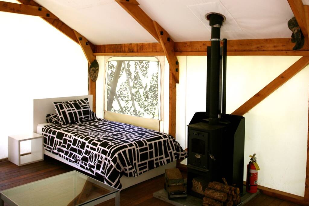 King single bed and Wood Burner