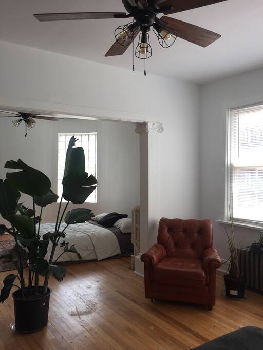View from front door *new studio apartment* My queen mattress with memory foam top is still on the floor, there are also 4in thick foam sleeping mats for additional people crashing if you need 'em.