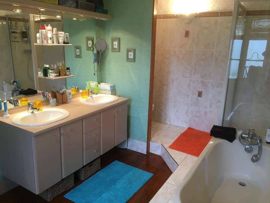 toilette, douche, baignoire, double vasque à l'étage près des chambres,serviettes de bain, fournies