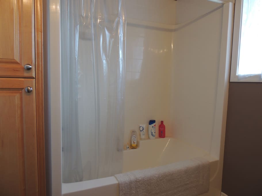 Bathroom with tub/shower, toilet, sink, towels, shampoo/conditioner. All essentials included.