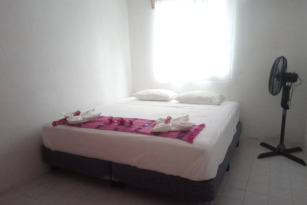 Nice spacious bed and fan.