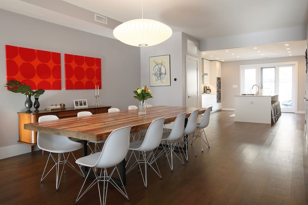 Dining table made from beams salvaged during massive renovation of the townhouse.
