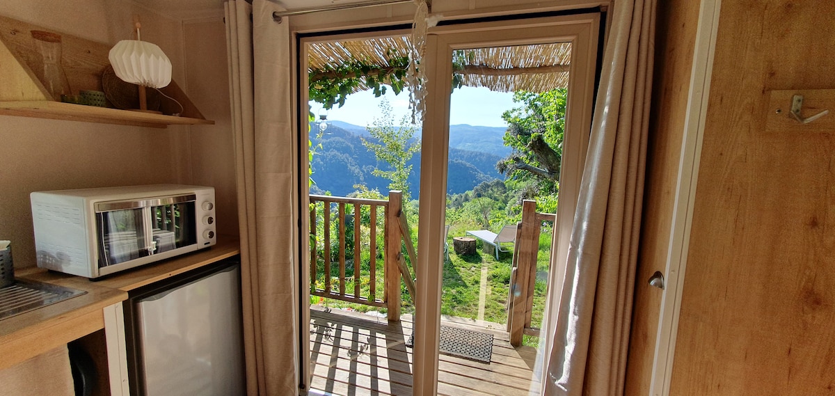 The interior space features a well-equipped kitchenette with a microwave and refrigerator. Large glass doors open to a deck, showcasing lush greenery and expansive valley views beyond. Natural light fills the area, enhancing the sense of connection with the surrounding landscape.