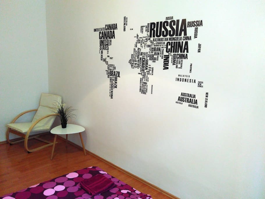 Bedroom with map of the world