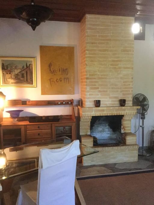 Dining area and fireplace