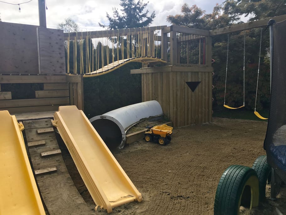 Let the kids run and play on this custom playground and dig in the sand box. We have tonka trucks and sand toys on site for your little ones making it an easy vacation for you