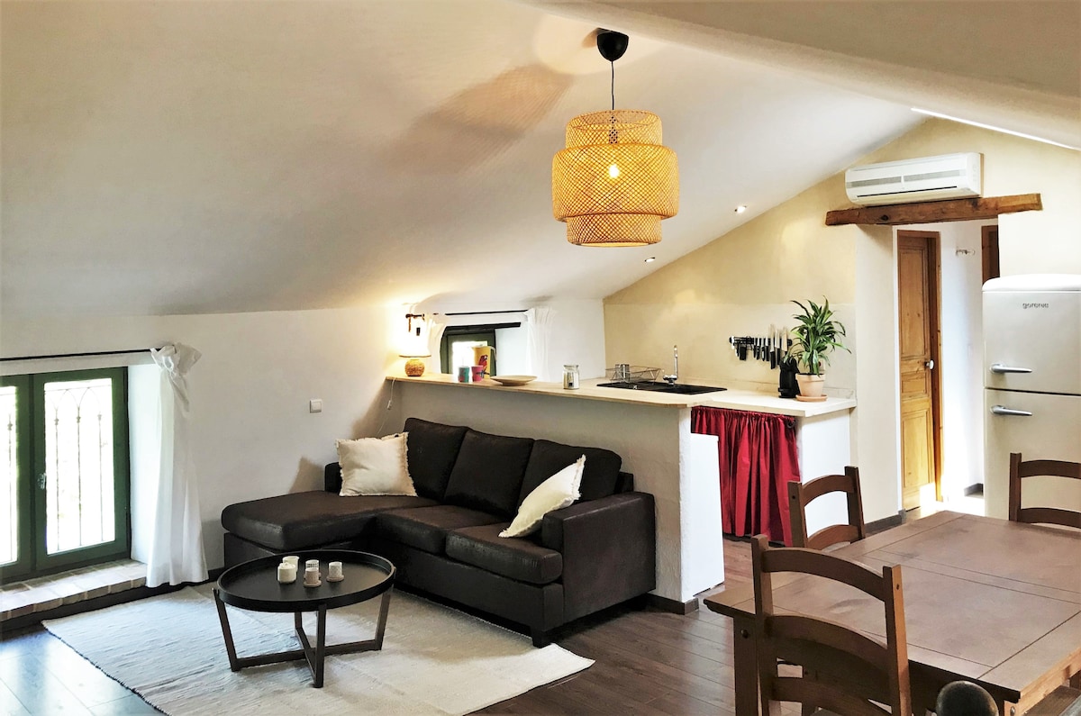 The open-plan living area features a comfortable dark sofa paired with a low coffee table. A kitchen counter is visible in the background, equipped with essential appliances. Natural light enters through a window with white curtains, highlighting the light-colored decor and wooden furnishings.