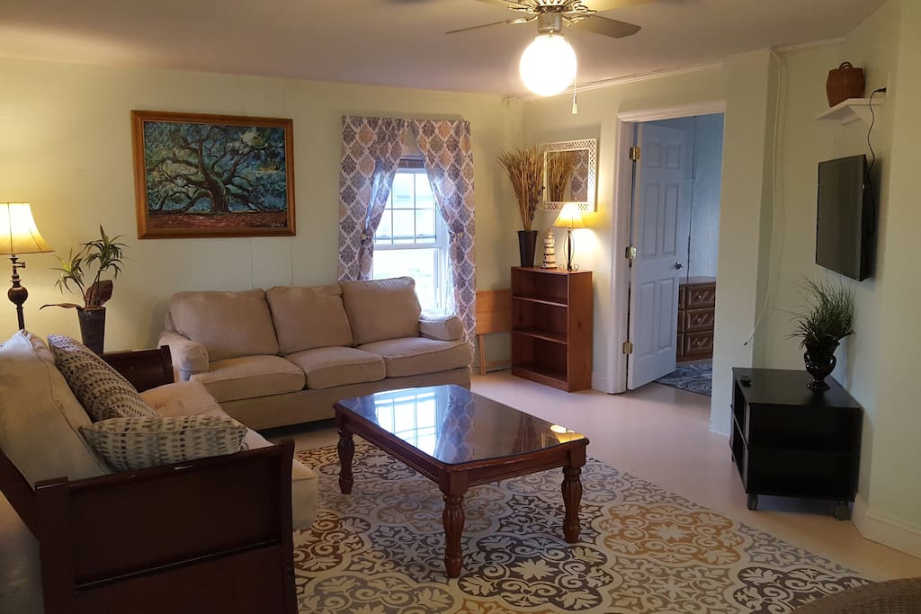 Spacious living room. Futon folds to a double bed. Couch is also comfortable to sleep on.