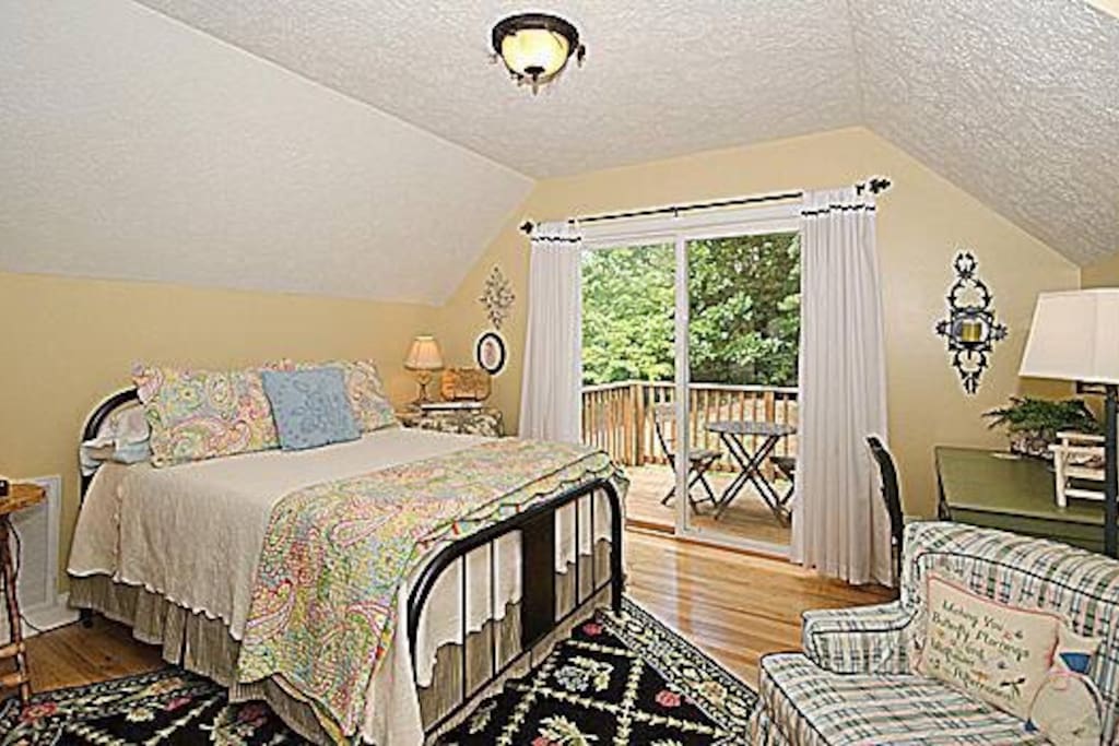 Full/Queen Bed with walk in closet, Desk, Chair and Private Balcony and Flat-screen Satellite TV/WiFi with a Full Bathroom with Tile Shower on second level.