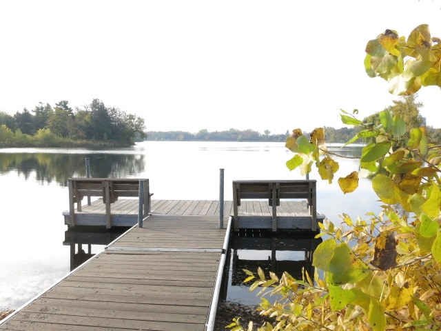 A serene wooden dock extends over still waters, surrounded by lush greenery and autumn leaves. The reflections of trees and the sky can be seen on the water's surface, creating a peaceful and inviting atmosphere.
