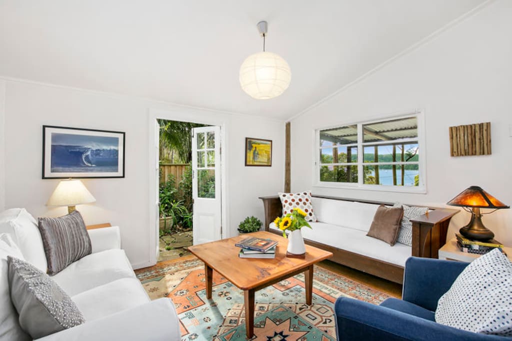 French doors to sandstone terrace; fabulous Pittwater views from the lounge
