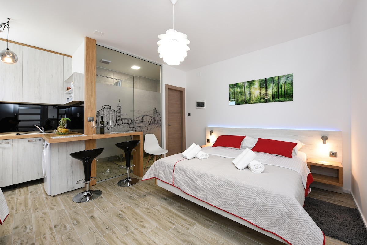 A modern studio apartment is displayed with a spacious bed featuring red accent pillows. The kitchenette is visible, along with two black bar stools positioned at a wooden counter. A nature-themed artwork enhances the ambiance, while light wood flooring complements the overall decor.