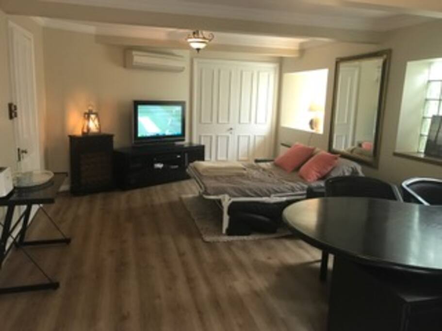 Studio Room. Sprung mattress bed or black leather sofa by day. Foxtel, PC & wi fi.