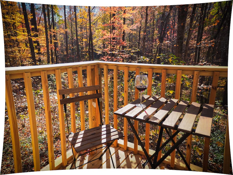 Enjoy local wine on the porch. Our favorite time at the tiny house is fall and winter. It's so quiet.