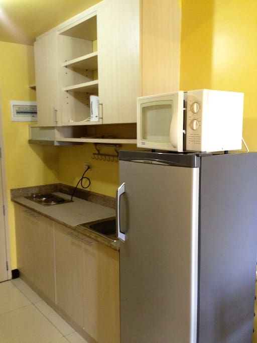 Granite kitchen top with electric stoves and exhaust
