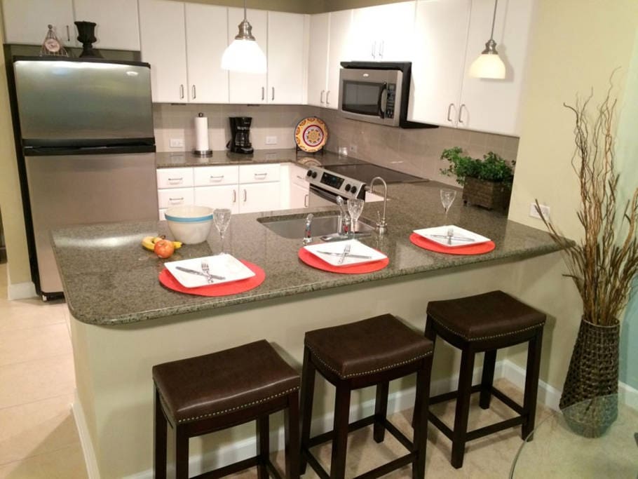 Kitchen is fully stocked with pots, pans, and appliances to cook all of your meals.