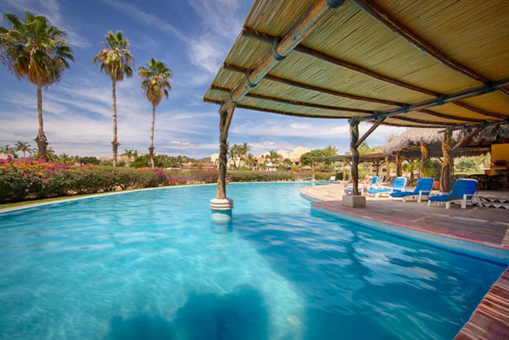 Beautiful Cresent Common area Pool with huge Palapa & Lounge chairs