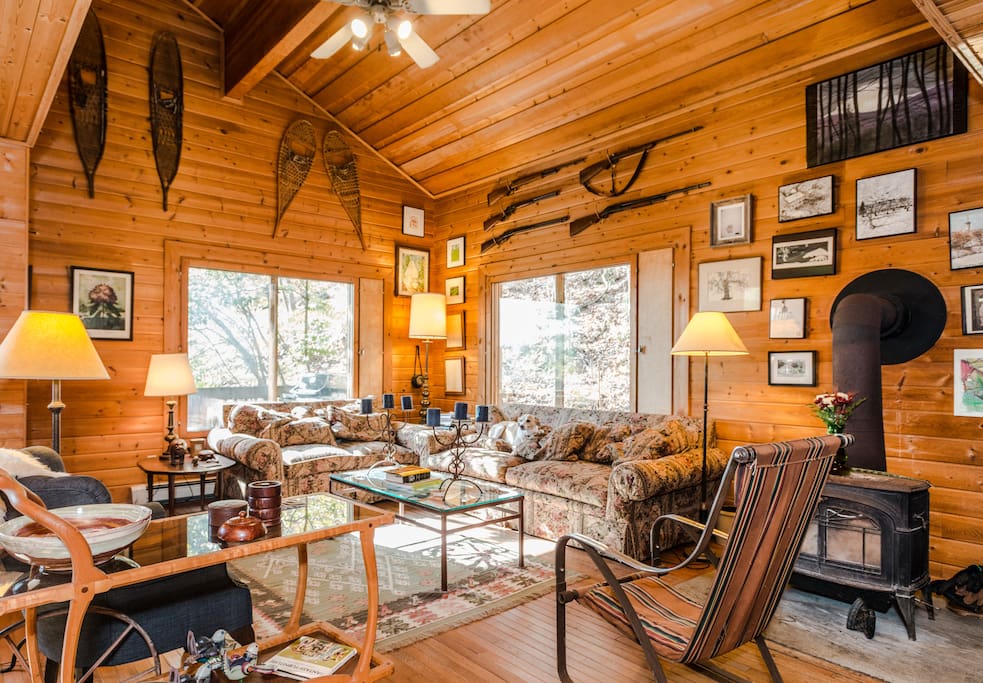 large great room with wood stove.
