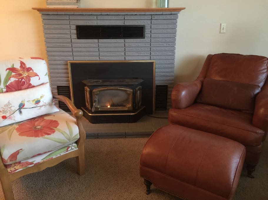 Toasty warm gas fireplace and comfy chairs