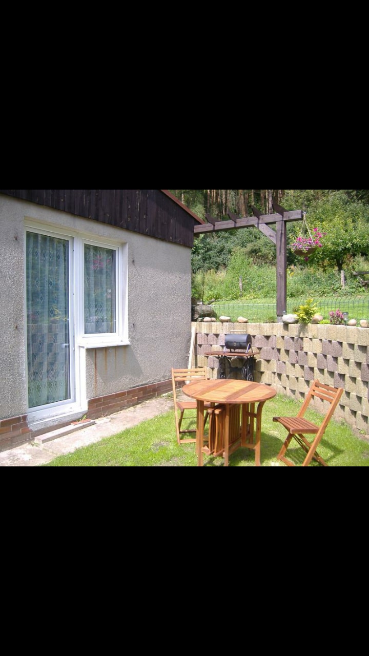 A small outdoor terrace is presented, featuring a wooden table with two chairs. A barbecue grill is positioned on a stone wall that surrounds the area, with greenery visible in the background, providing a serene environment near the forest.