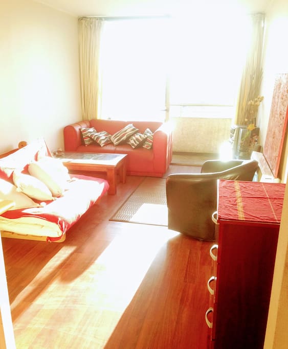 Bright, cozy and spacious Living with armchair, sofa 2 bodies and large expandable futon for 2 adults or 3 children.