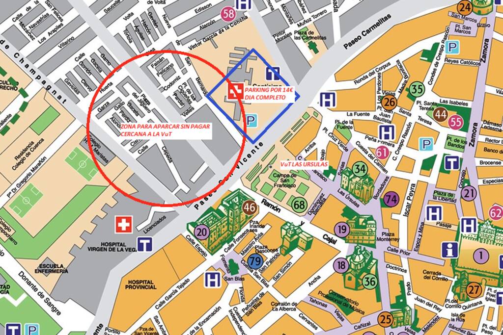 El cartel de VuT Las Ursulas es la vivienda y el círculo rojo es una zona próxima a la vivienda en la cual suele haber aparcamiento y no se paga!! También está el cuadrado azul que es el aparcamiento privado del parque San Francisco son 14 € día como podrán ver muy cerca todo.