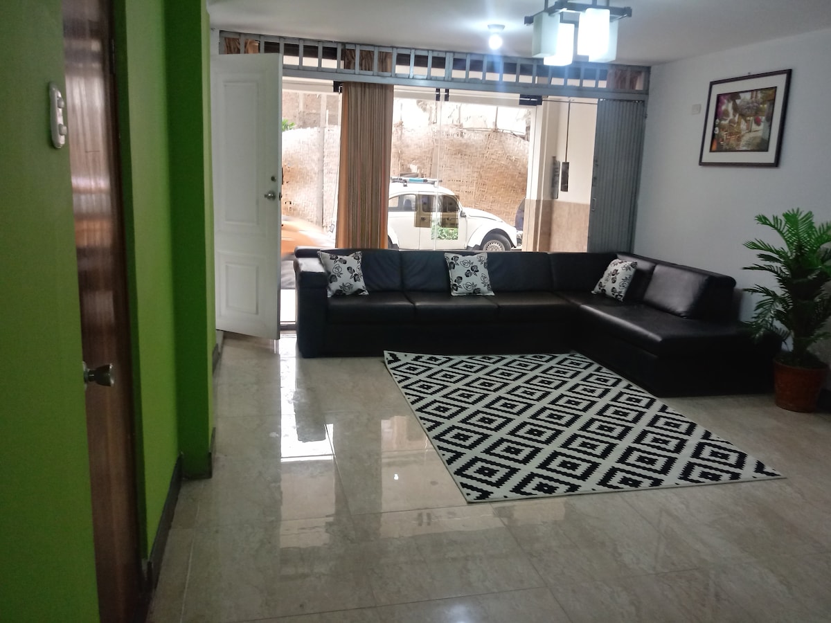 A spacious living area features a sectional sofa adorned with decorative pillows, set on a patterned area rug. Natural light enters through large sliding doors, revealing a view of the exterior. A green accent wall adds a refreshing touch to the space.