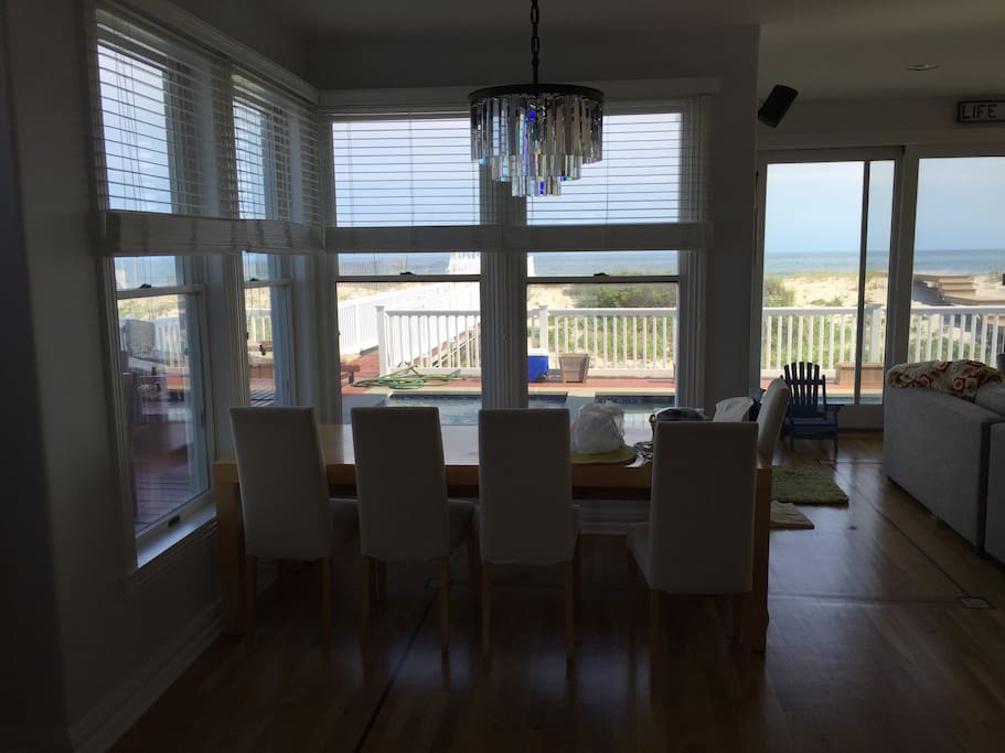 Dining room and view of beach and ocean.