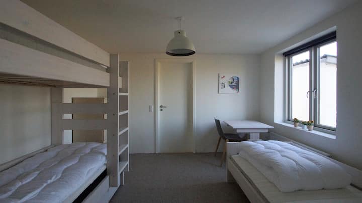 Ground floor / Room 1; Bunk bed + single bed + desk