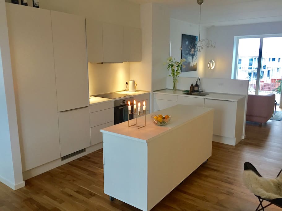 Large kitchen in the heart of the living room