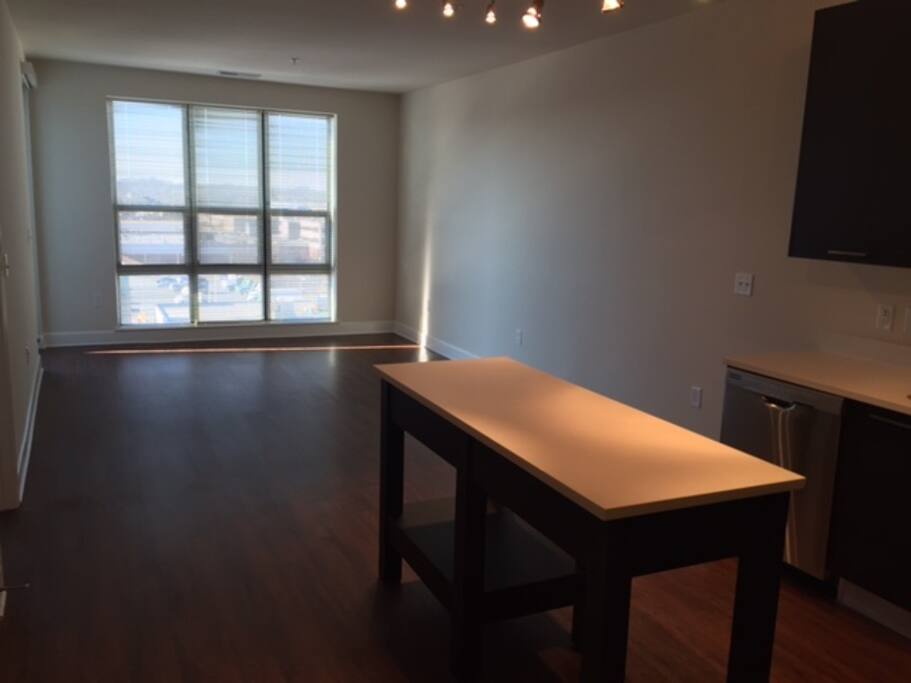 (Picture taken before I moved in) but kitchen flows into the main living room with floor to ceiling windows.