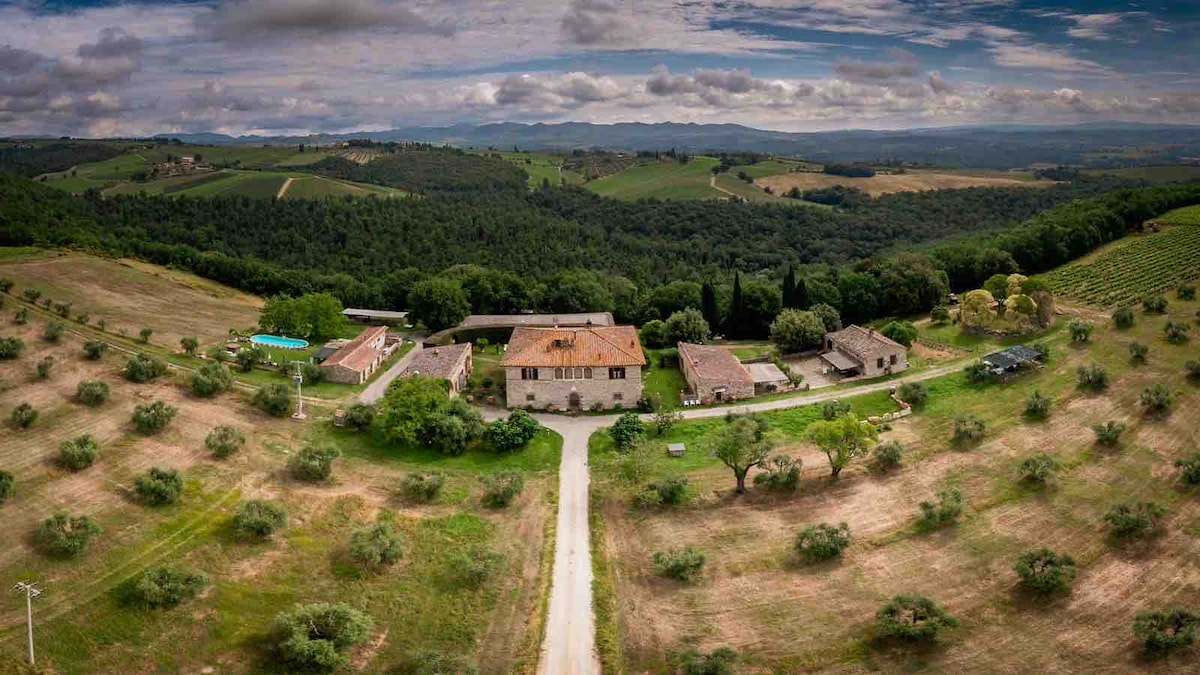 An aerial view captures the sprawling countryside estate, surrounded by lush vineyards and olive groves. The property features terracotta-roofed buildings and a winding driveway leading towards the main residence, under a dynamic sky with patches of clouds.
